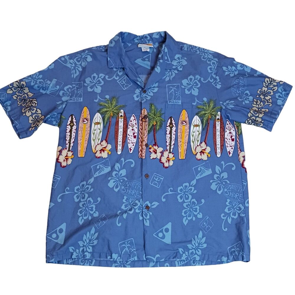 Men's Vtg Hawaiian Shirt Winnie Fashion XL Cotton Surfboards Palm trees blue